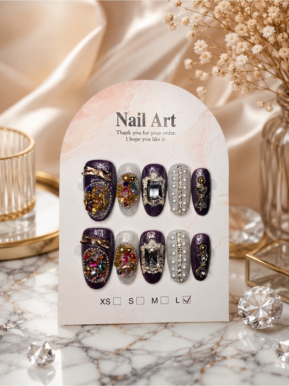 Embellished Purple & Silver Rhinestone Press-On Nails